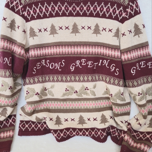 Pretty Christmas Sweater Tan Burgundy SEASONS GREETINGS Vintage 90s - Picture 4 of 7